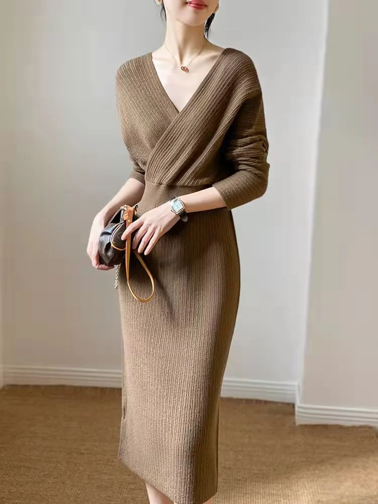 LANFUBEISI Vintage French Casual V-Neck Solid Sweater Knitting Long Sleeve Dress Women Backless Knit Dress Korean Clothing Robe Autumn