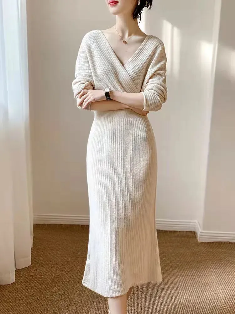 LANFUBEISI Vintage French Casual V-Neck Solid Sweater Knitting Long Sleeve Dress Women Backless Knit Dress Korean Clothing Robe Autumn