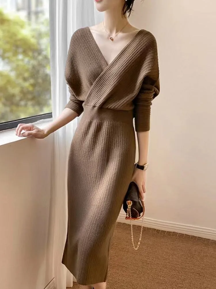 LANFUBEISI Vintage French Casual V-Neck Solid Sweater Knitting Long Sleeve Dress Women Backless Knit Dress Korean Clothing Robe Autumn