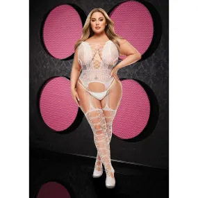 Lapdance Fishnet & Lace Bodysuit With Garters White