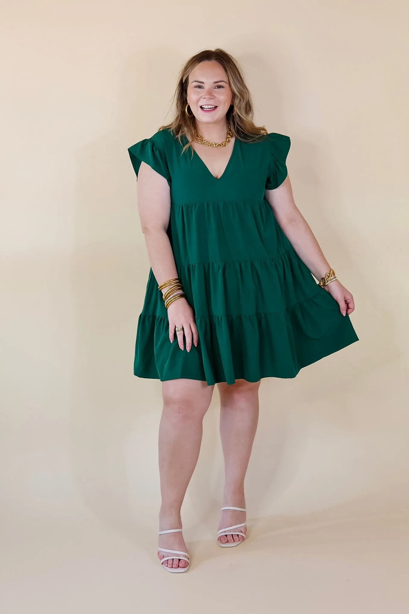 Last Chance Size Medium | Delightful Endeavor Ruffle Cap Sleeve Tiered Dress in Hunter Green