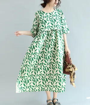 Leaf Summer Cotton Linen Spring Women Dresses Plus Size QZ200531