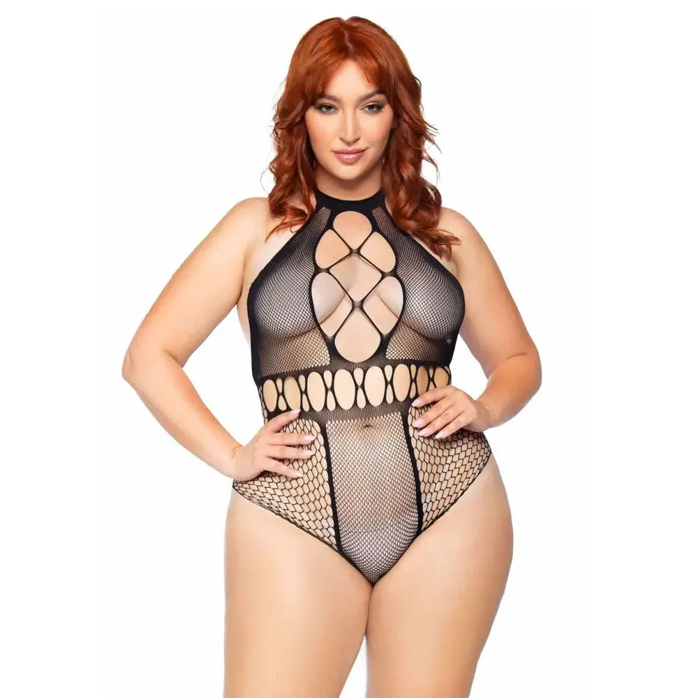 Leg Avenue Black Seamless Multi-net Bodysuit with T-straps Uk 14 to 18