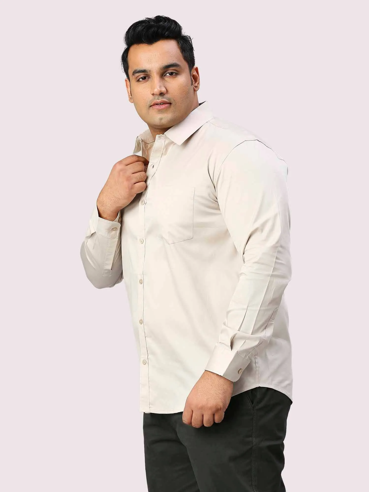 Light Cream Pure Cotton Full Sleeve Shirt Men's Plus Size