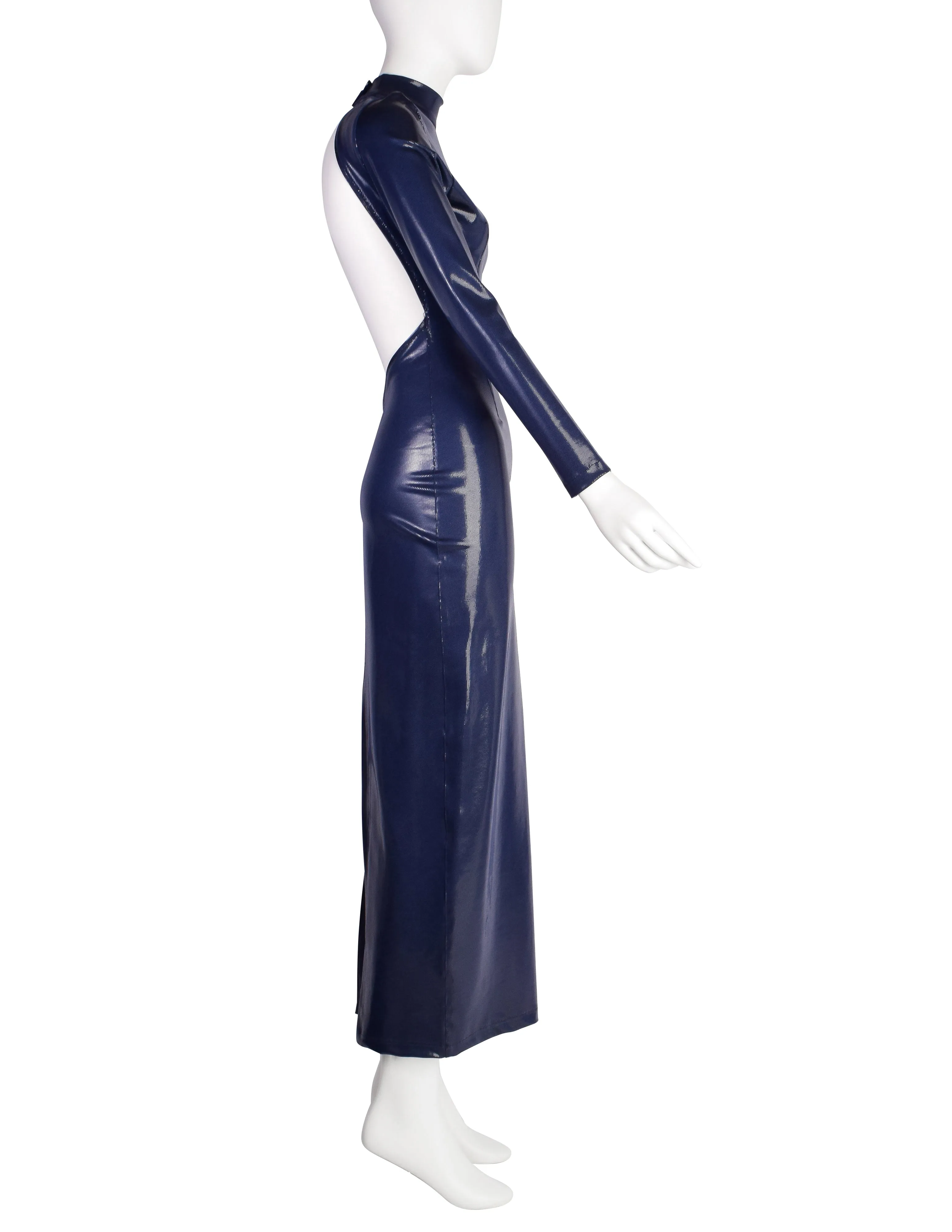 Lili Crepon Vintage 1990s Navy Blue Liquid Backless Ultra Body Con Maxi Dress