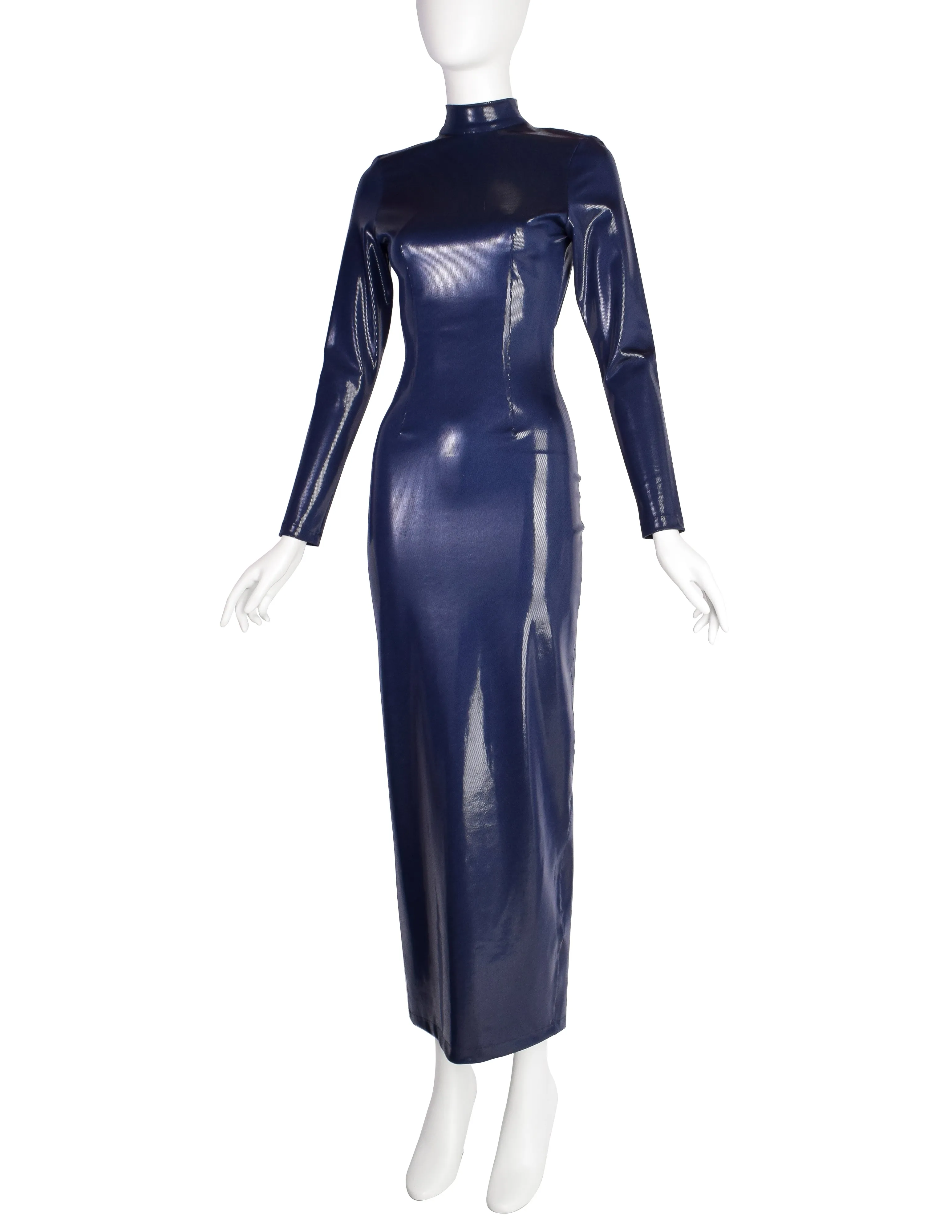 Lili Crepon Vintage 1990s Navy Blue Liquid Backless Ultra Body Con Maxi Dress