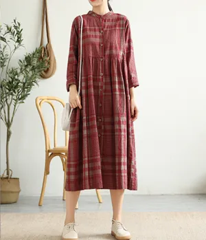 Long Sleeve Summer Spring Cotton Linen Women loose Dresses DZA20641