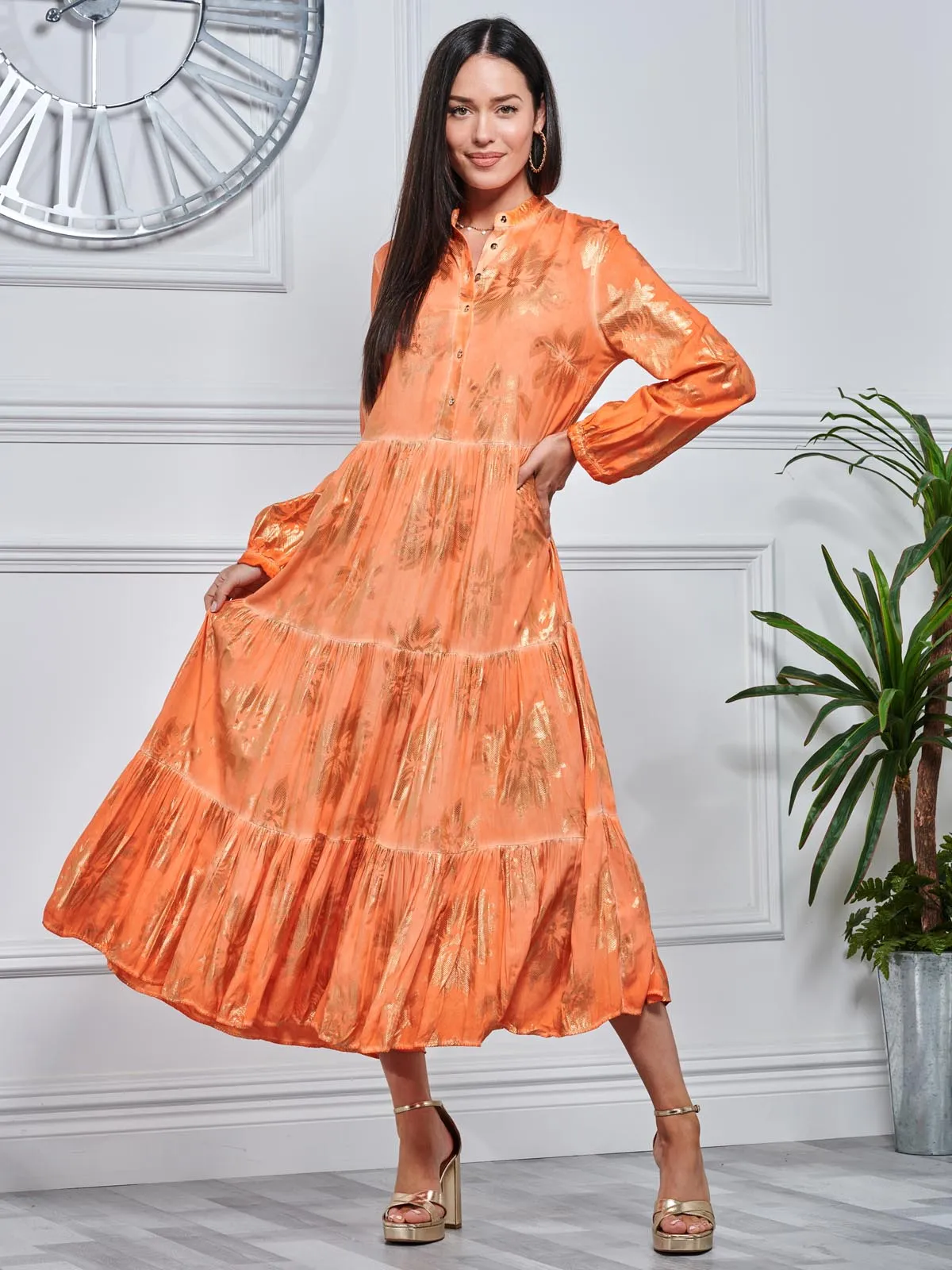 Loose Fit Tiered Holiday Maxi Shirt Dress, Orange Multi