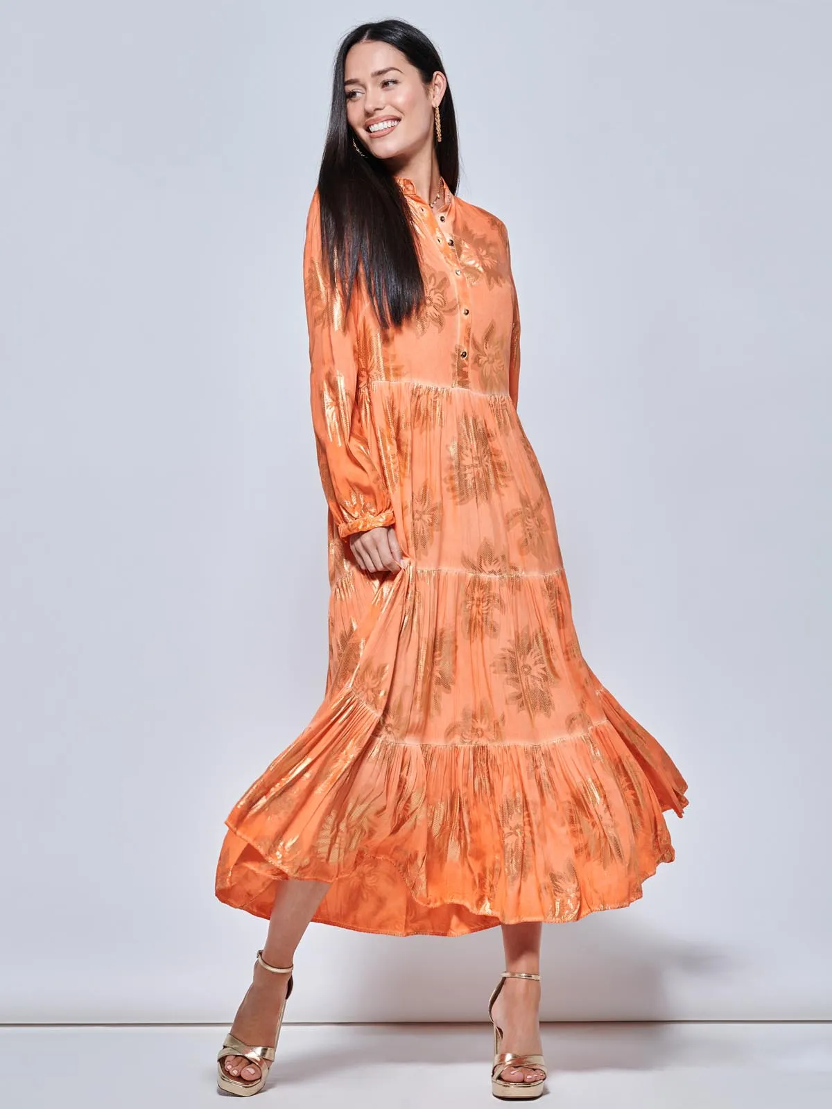 Loose Fit Tiered Holiday Maxi Shirt Dress, Orange Multi