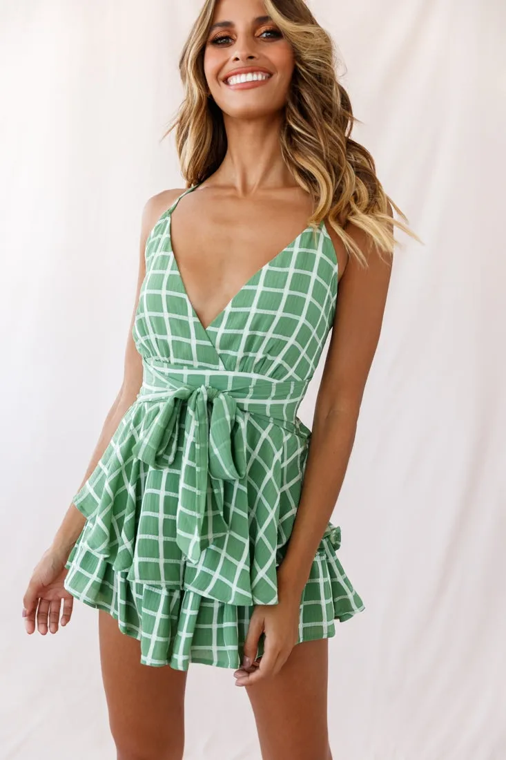 Maddox Fit & Flare Cami Strap Romper Green Checker Print