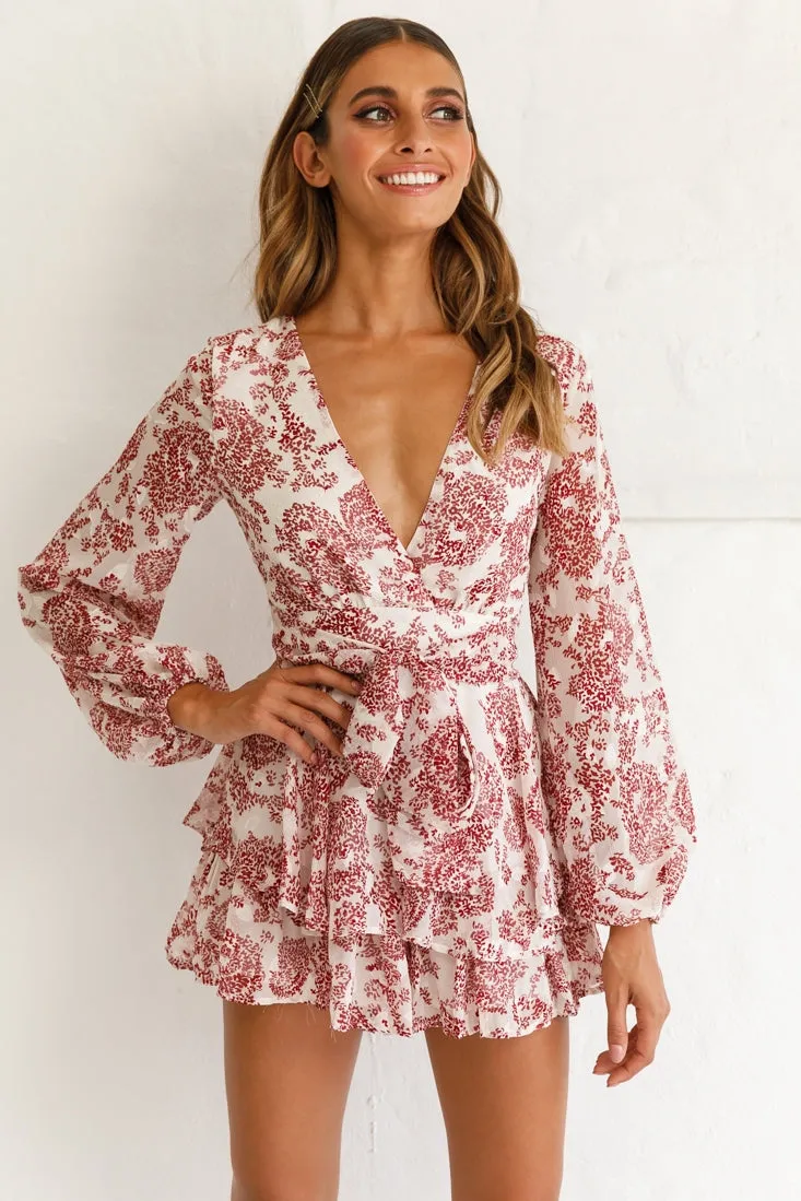 Maddox Fit & Flare Long Sleeve Romper White Floral Print