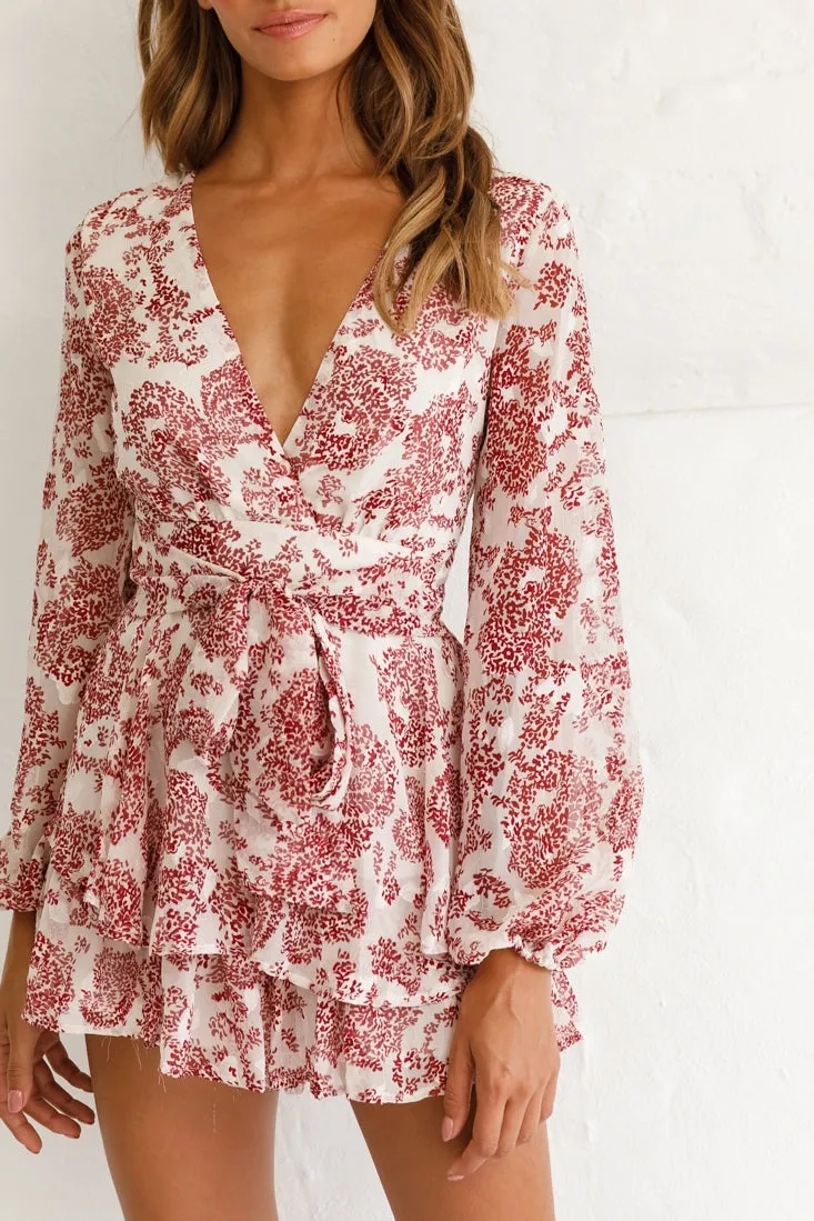 Maddox Fit & Flare Long Sleeve Romper White Floral Print