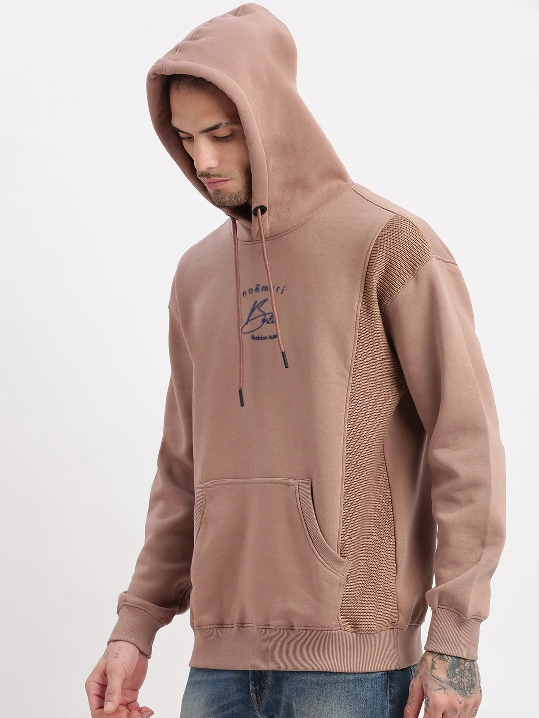 Men Beige Solid Hooded Pullover