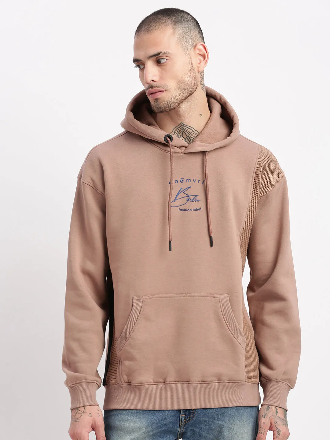 Men Beige Solid Hooded Pullover