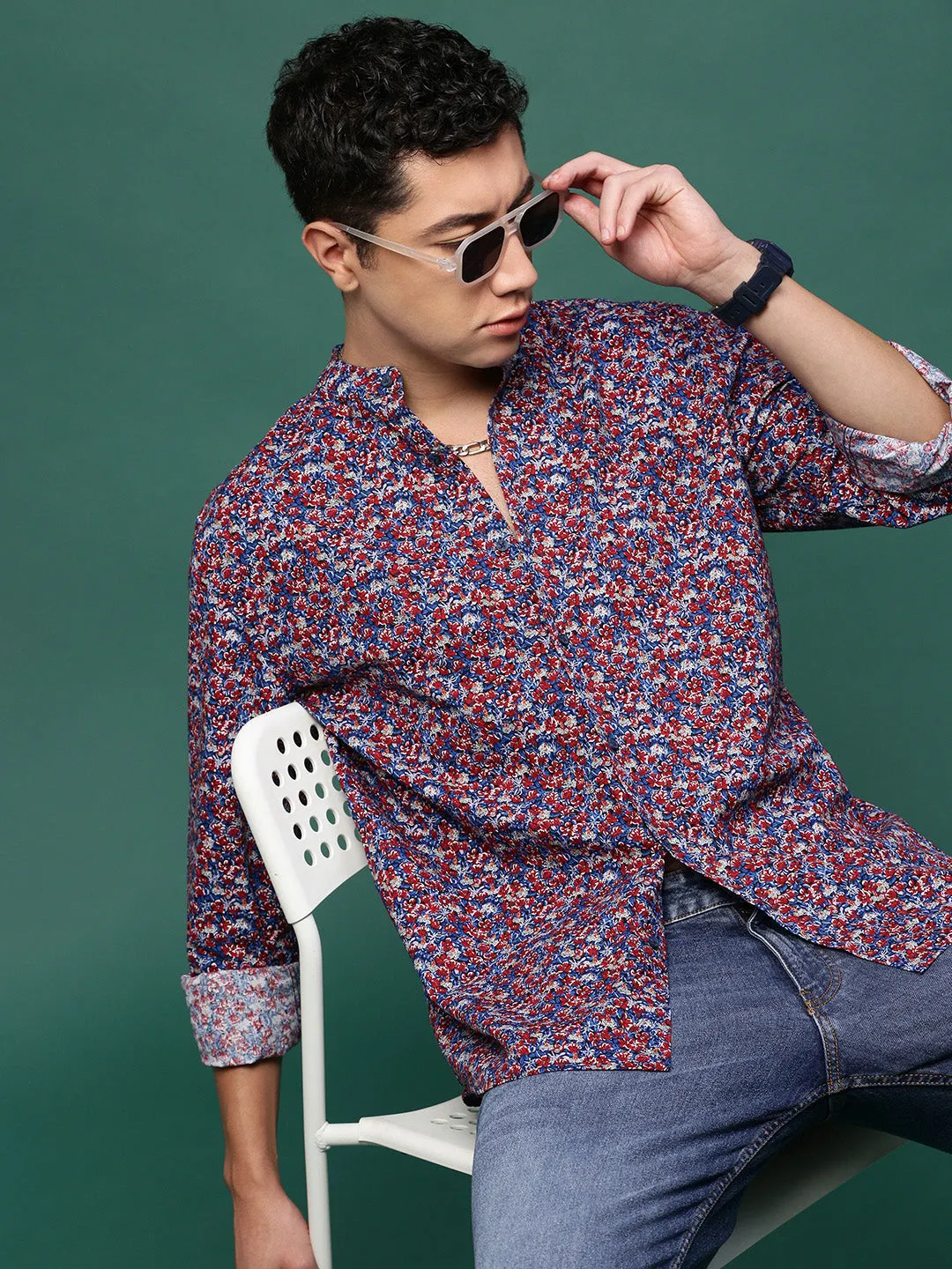 Men Blue Floral Slim Fit Shirt