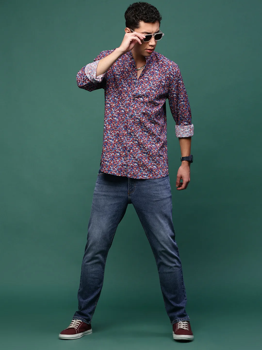 Men Blue Floral Slim Fit Shirt