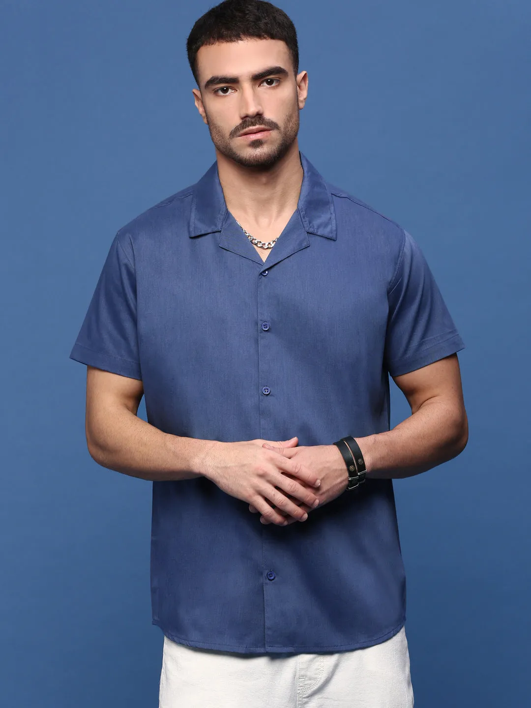 Men Blue Solid Cuban Collar Shirt