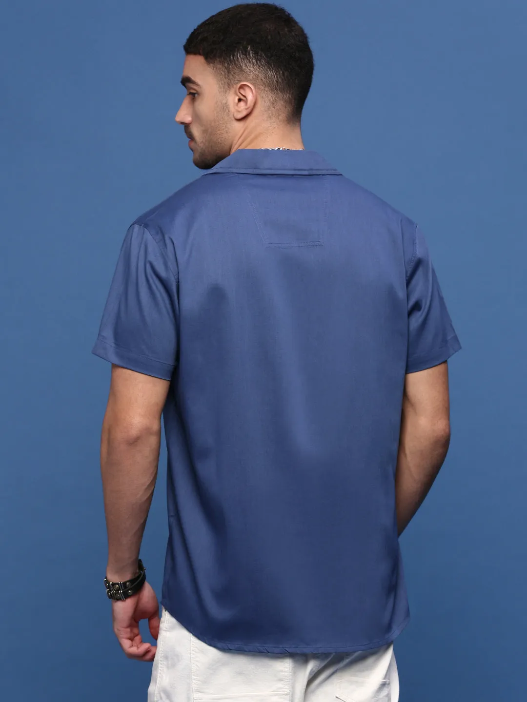 Men Blue Solid Cuban Collar Shirt