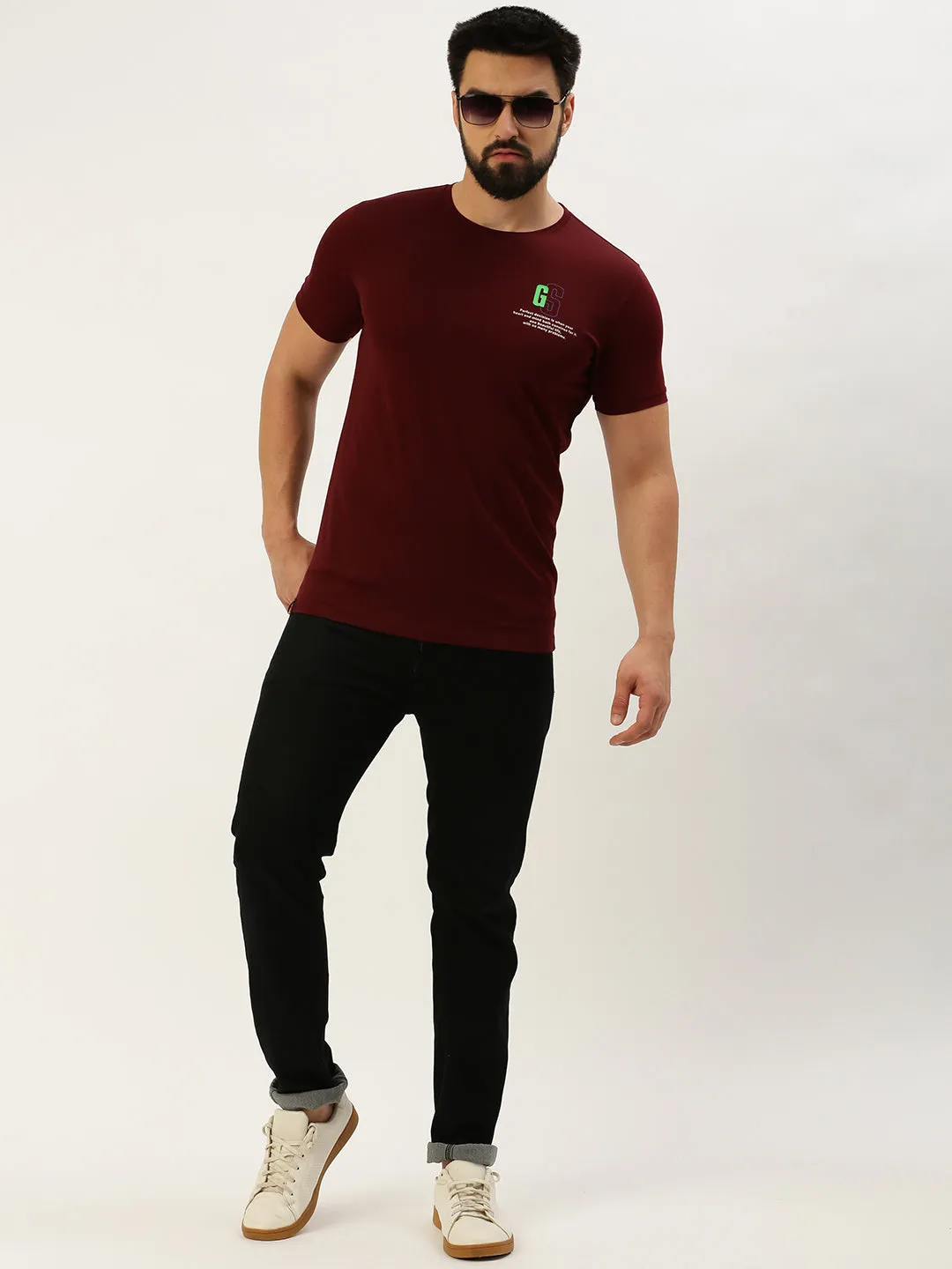 Men Burgundy Printed T Shirt