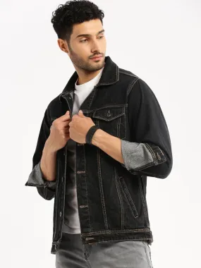 Men Charcoal Spread Collar Solid Denim Jacket