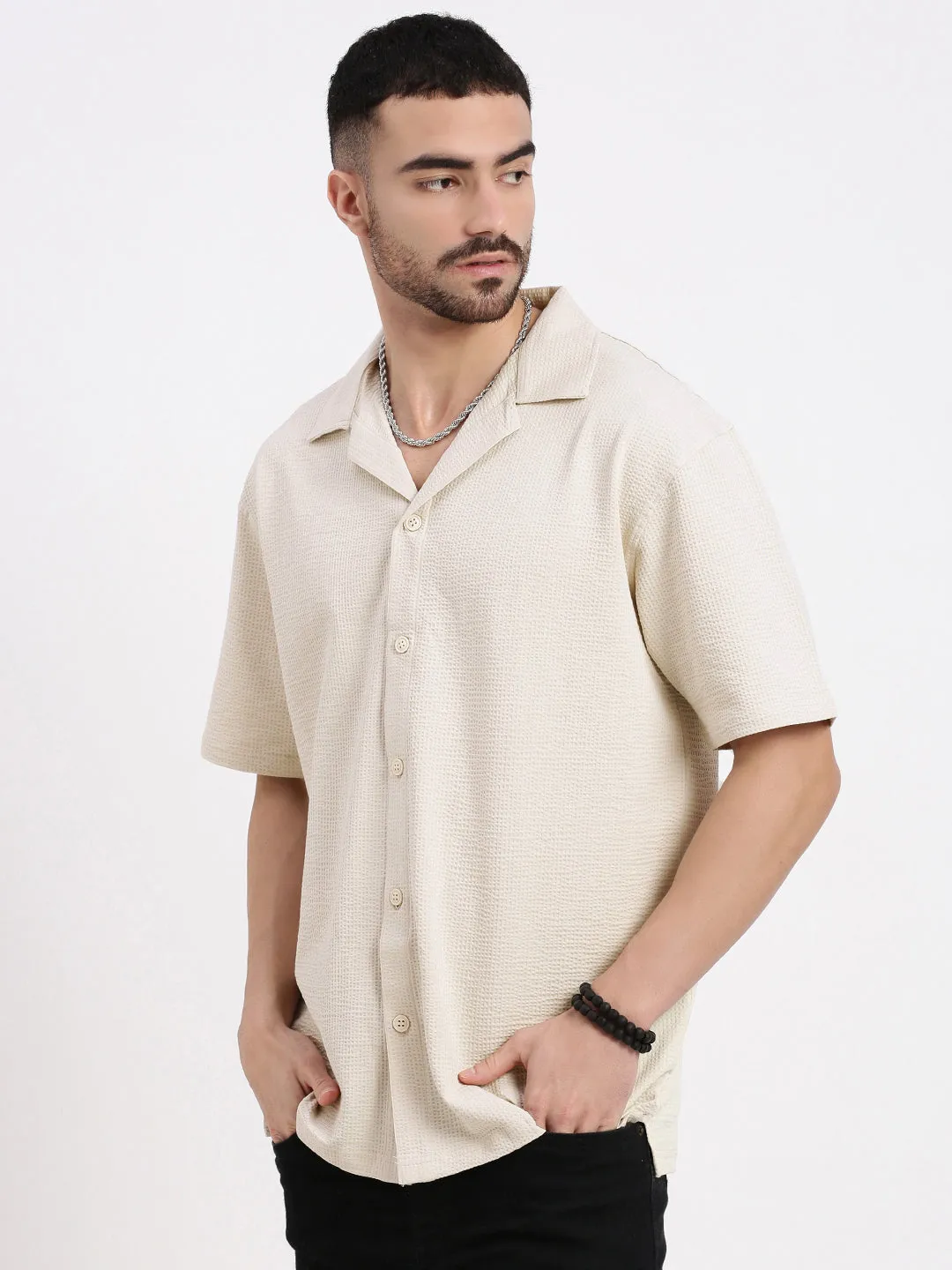 Men Cream Cuban Collar Solid Shirt