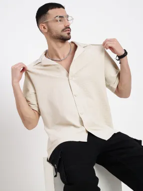 Men Cream Cuban Collar Solid Shirt