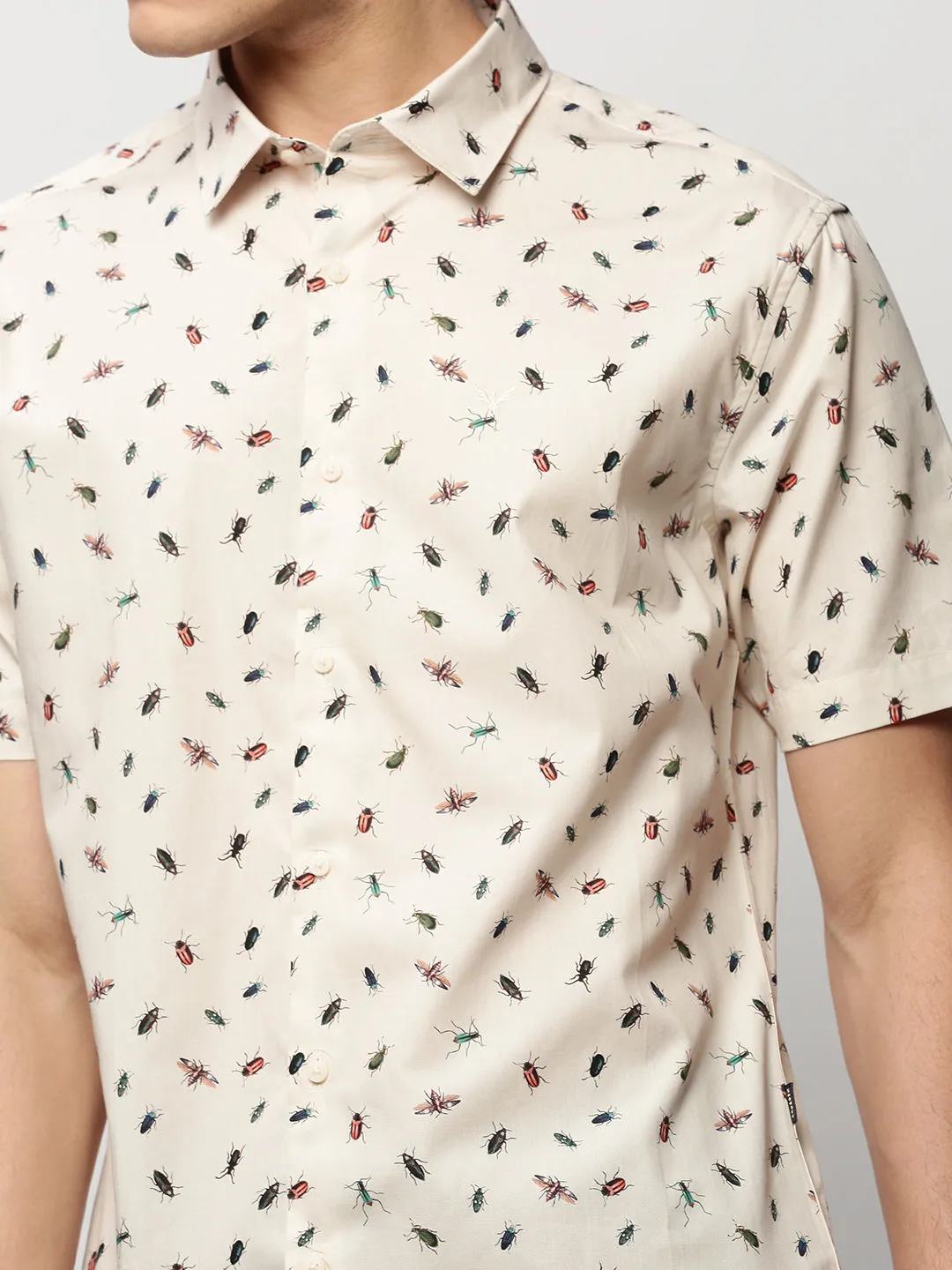 Men Cream Printed Casual Casual Shirts