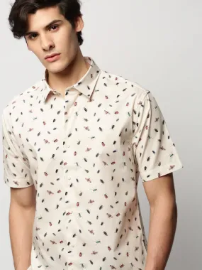 Men Cream Printed Casual Casual Shirts