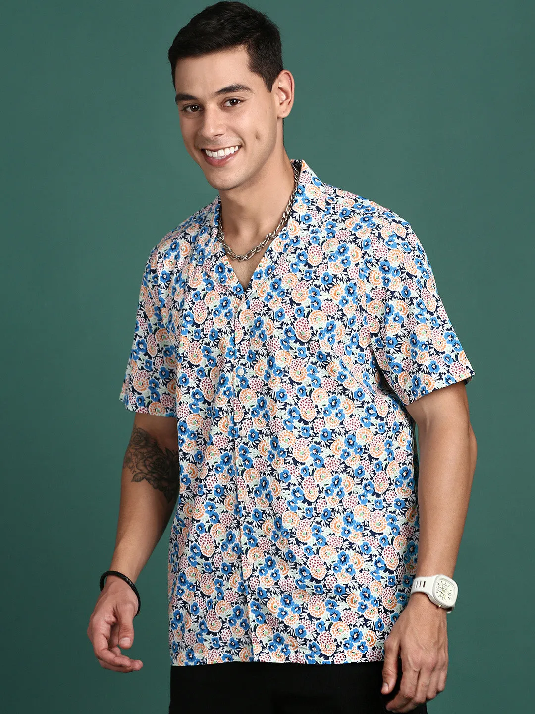 Men Cuban Collar Floral Multi Relaxed Fit Shirt