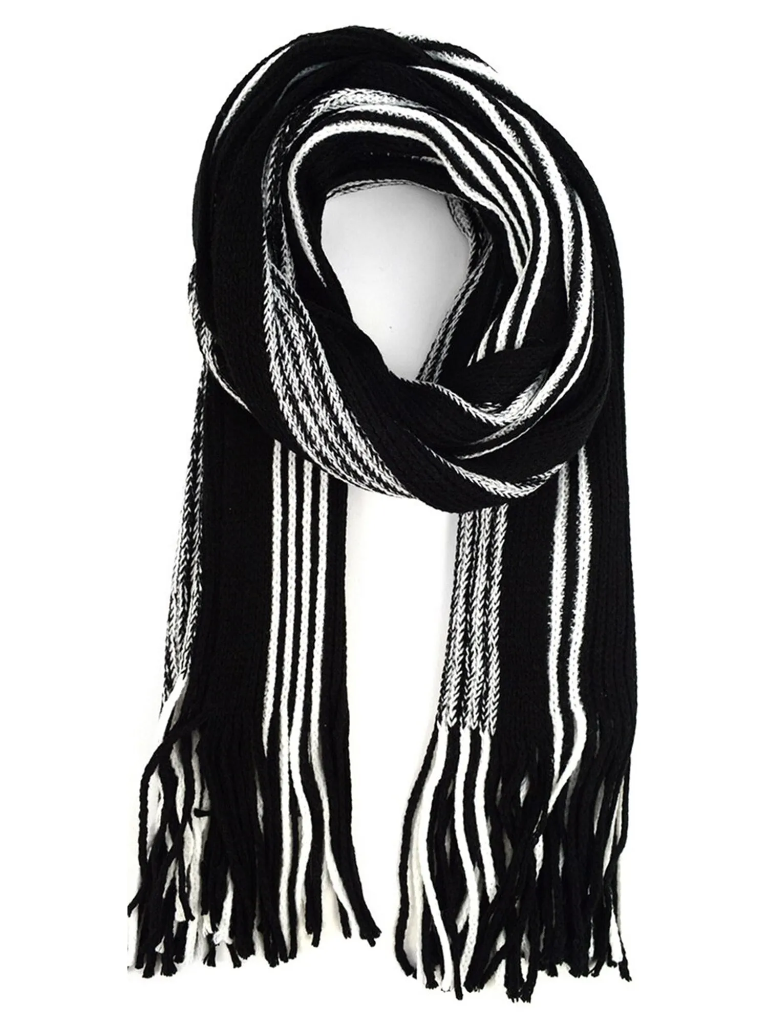 Men's Black & White Acrylic Knit Striped Scarf and Hat Set