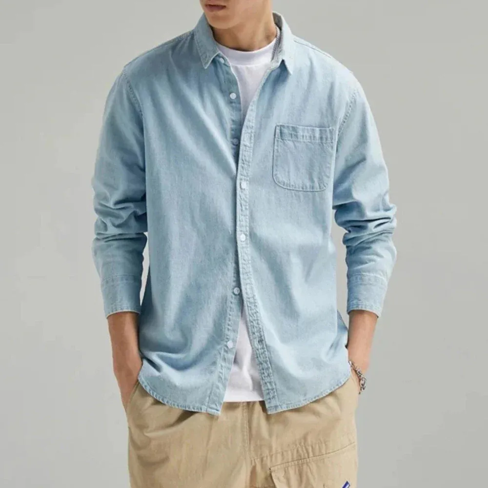 Mens Long Sleeve Single Pocket Denim Shirt