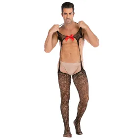 Men's Open Crotch Garter Fishnet Body Suit | Black | Red Bow | Stockings | Erotic