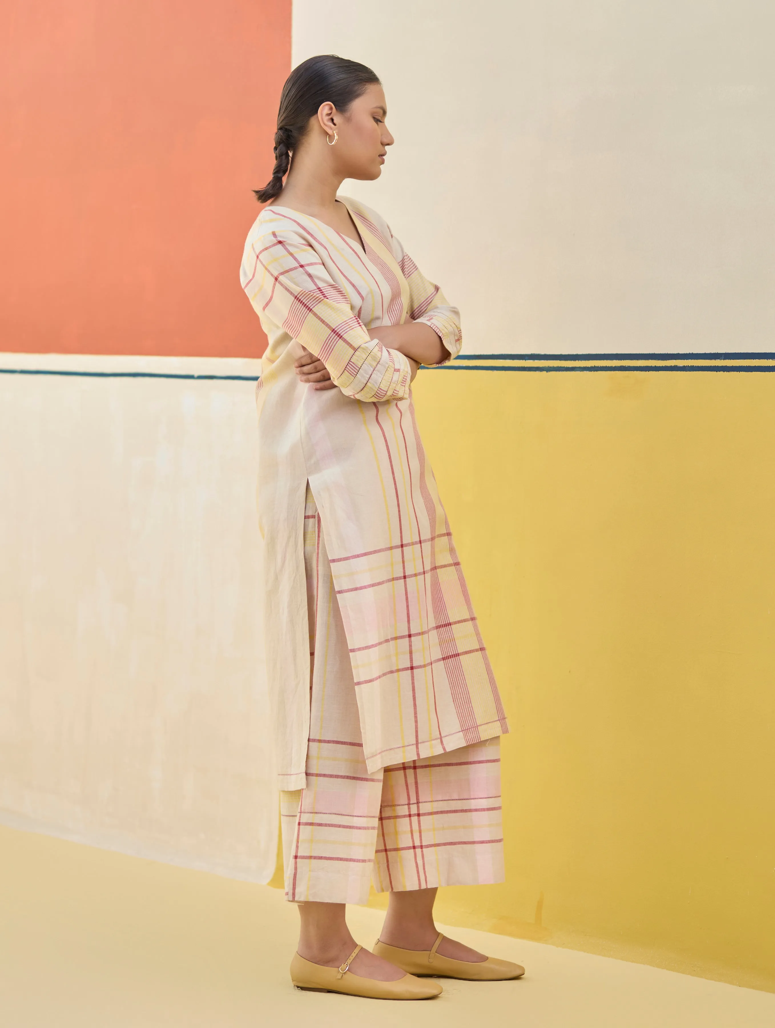 Misa Check Linen Kurta Set - Sand