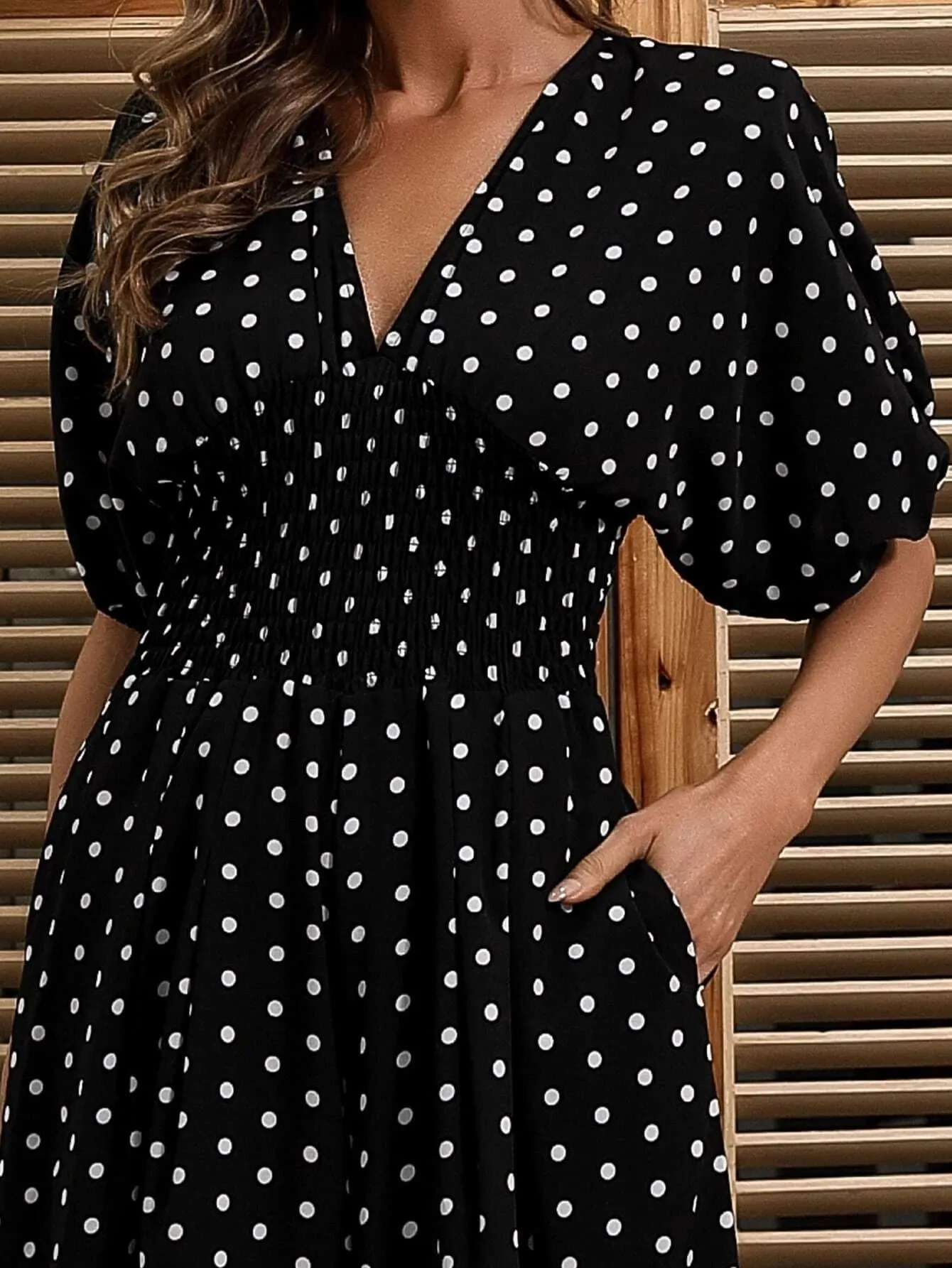 Missord Polka Dot Shirred Waist Jumpsuits M01178