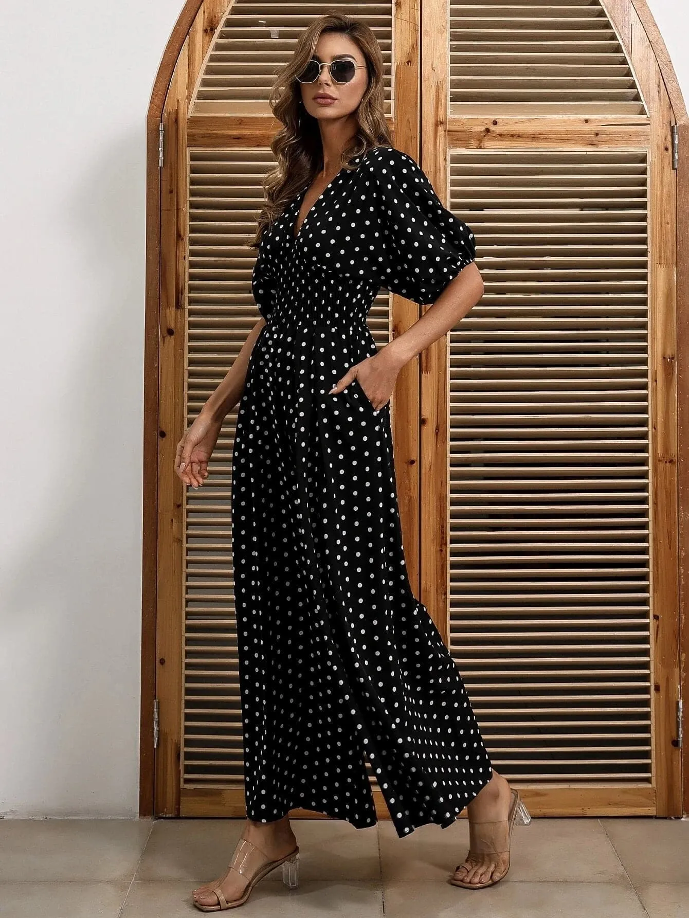 Missord Polka Dot Shirred Waist Jumpsuits M01178