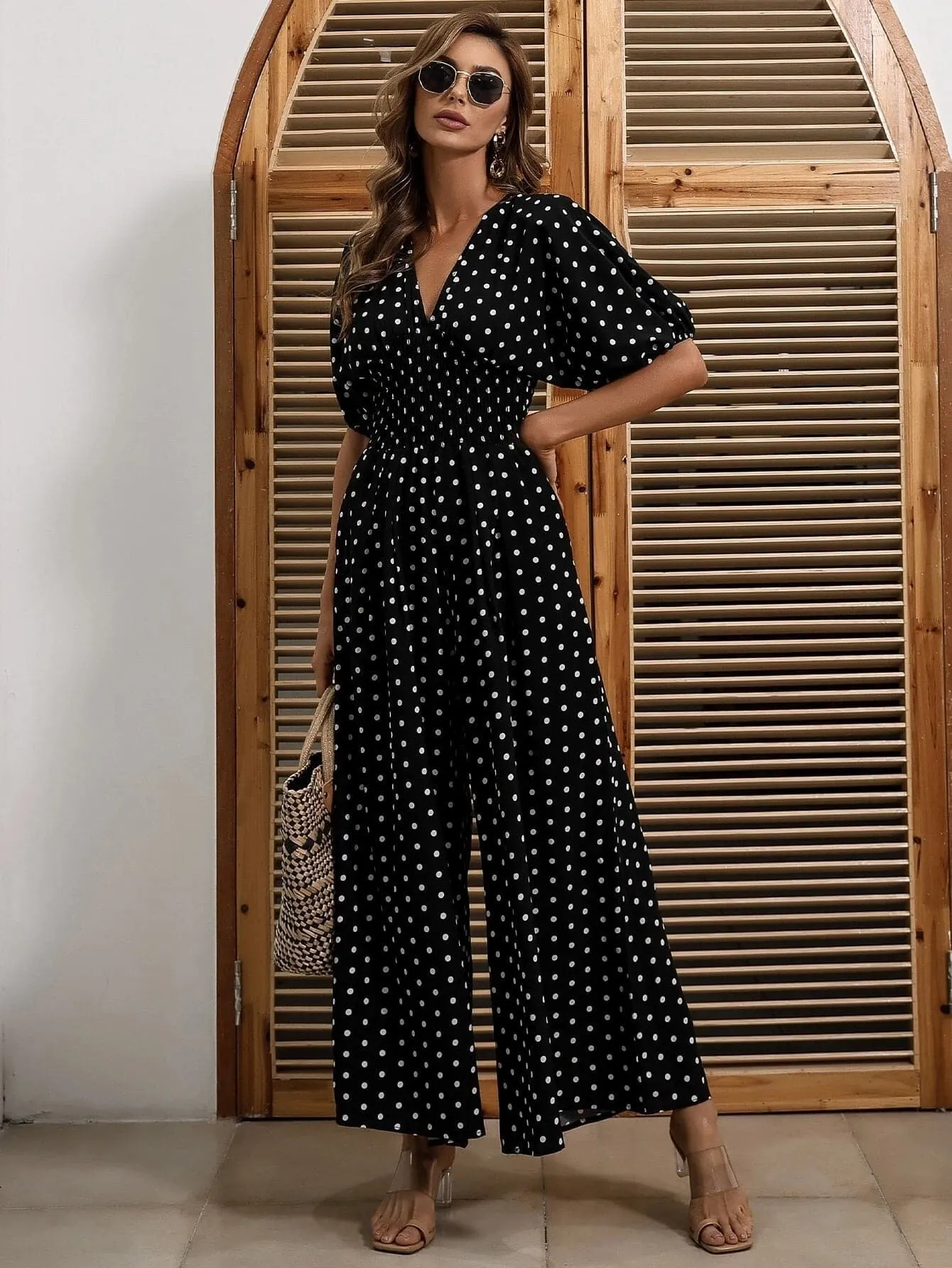 Missord Polka Dot Shirred Waist Jumpsuits M01178