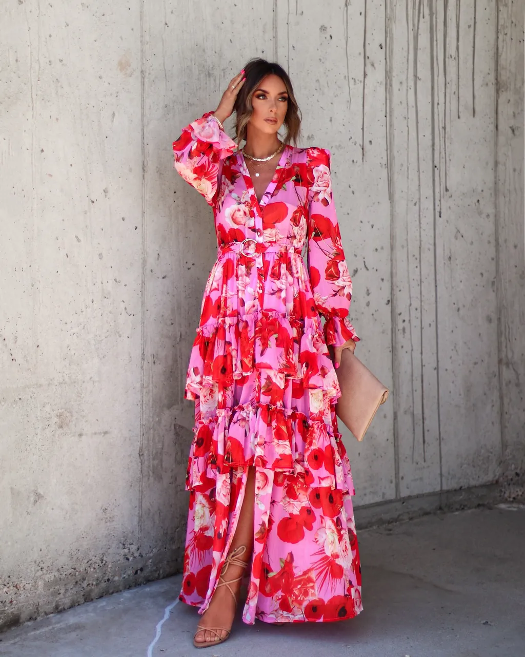 Mon Cheri Floral Chiffon Tiered Belted Maxi Dress