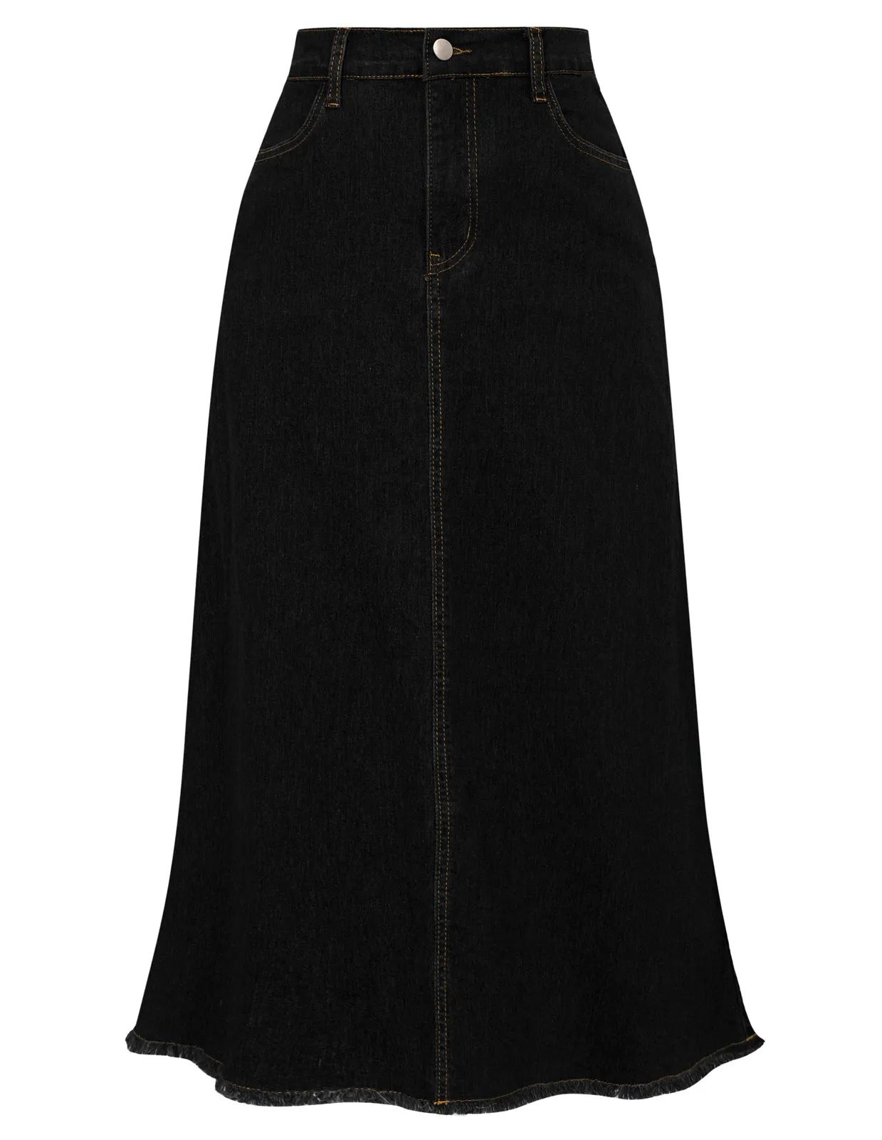 Multi-Pocket Jean Skirt Elastic High Waist Raw Hem Midi A-Line Skirt