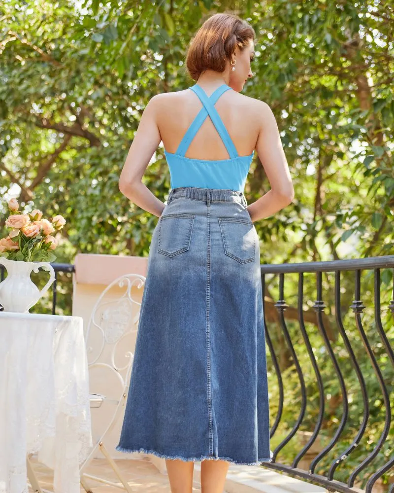 Multi-Pocket Jean Skirt Elastic High Waist Raw Hem Midi A-Line Skirt