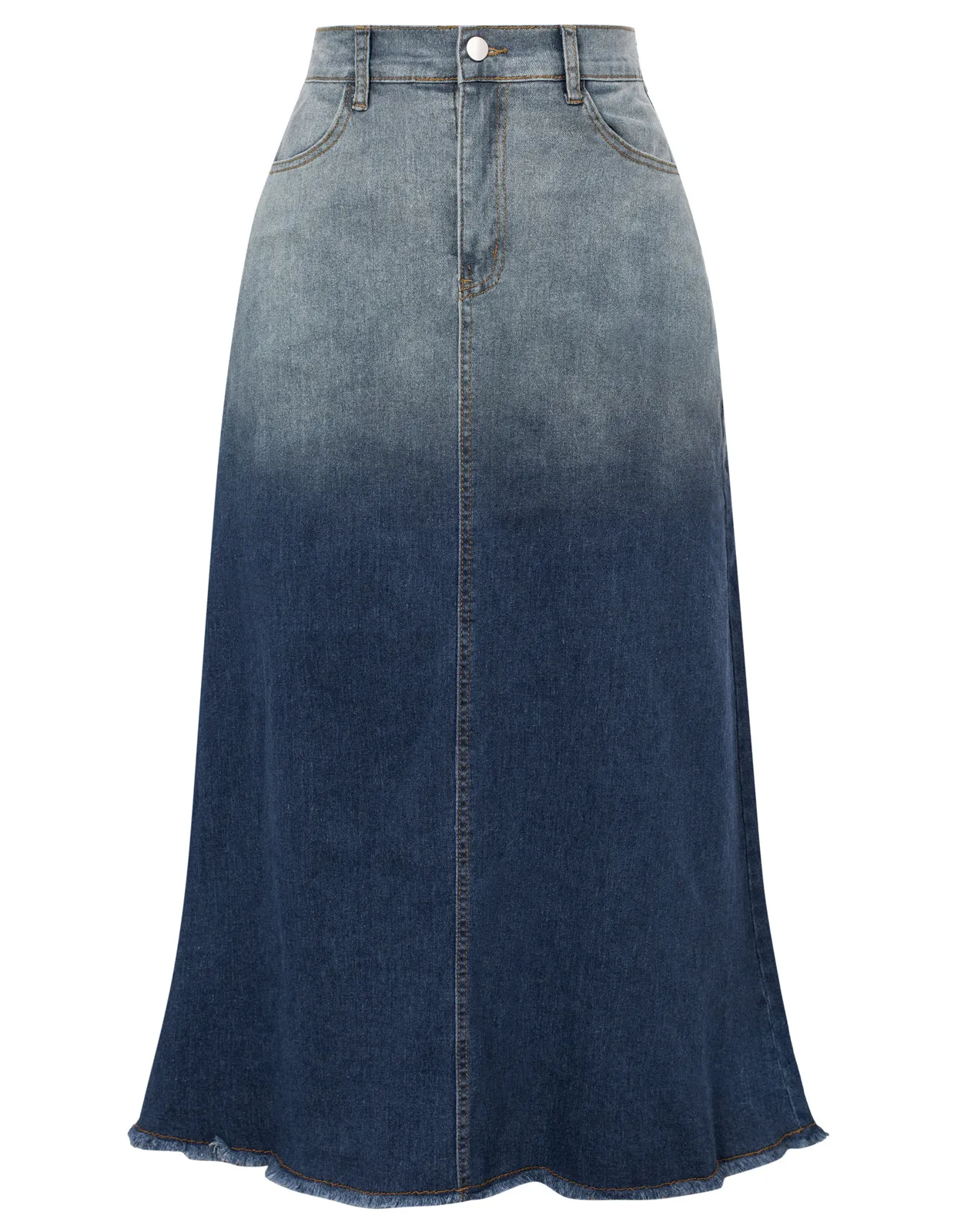 Multi-Pocket Jean Skirt Elastic High Waist Raw Hem Midi A-Line Skirt