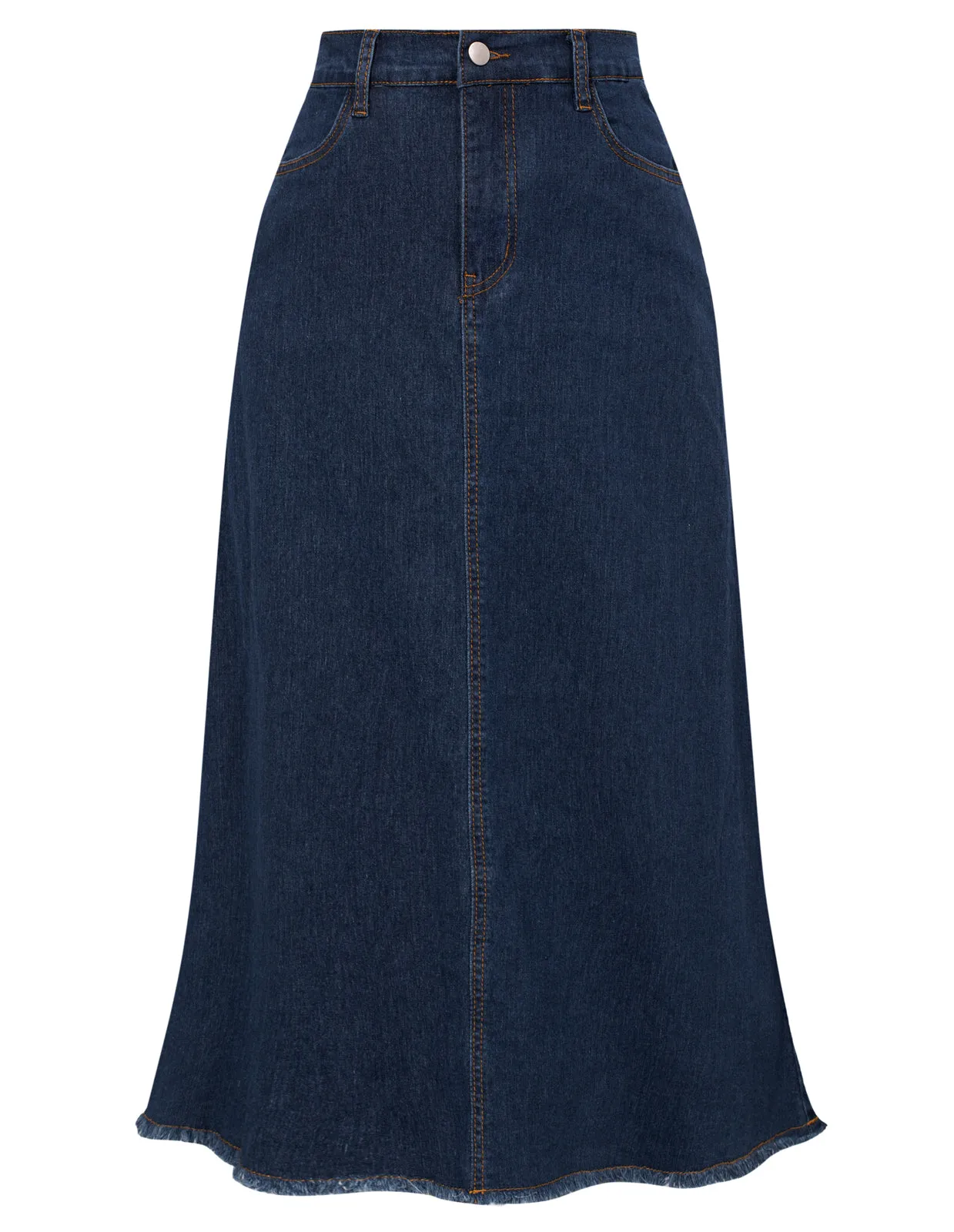 Multi-Pocket Jean Skirt Elastic High Waist Raw Hem Midi A-Line Skirt