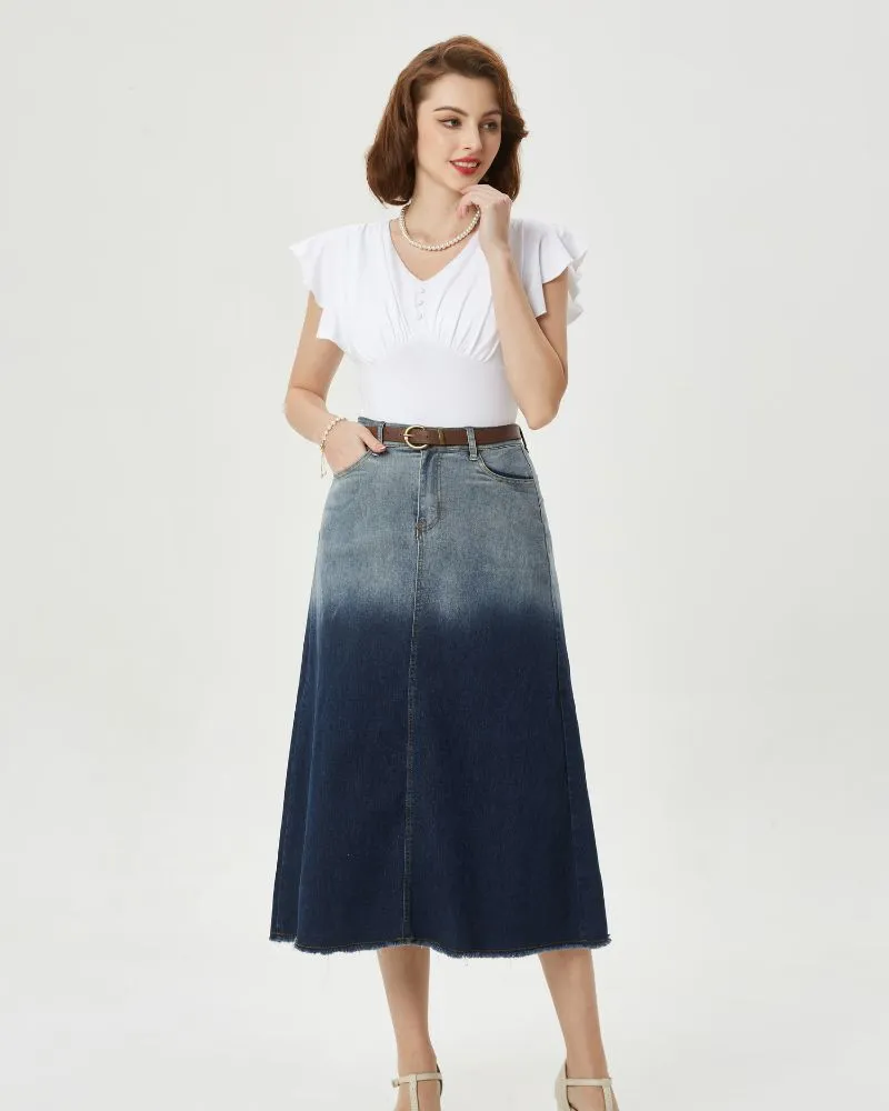 Multi-Pocket Jean Skirt Elastic High Waist Raw Hem Midi A-Line Skirt