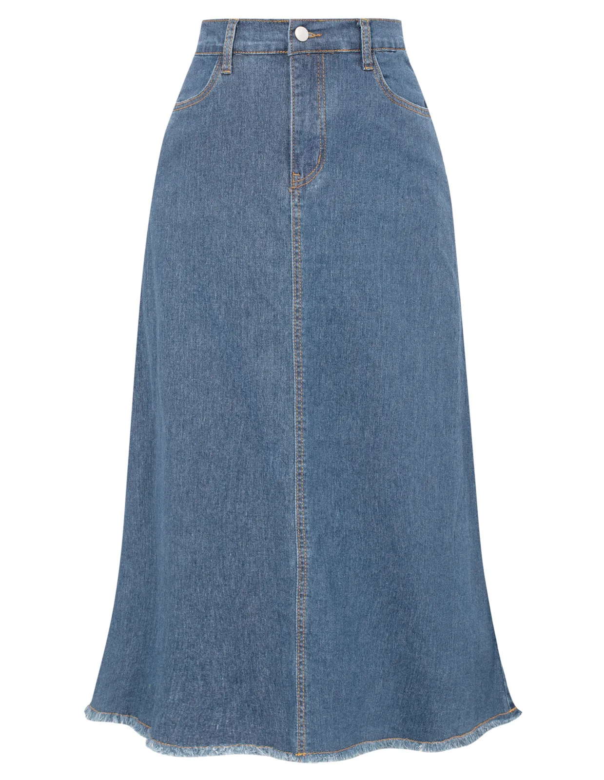 Multi-Pocket Jean Skirt Elastic High Waist Raw Hem Midi A-Line Skirt