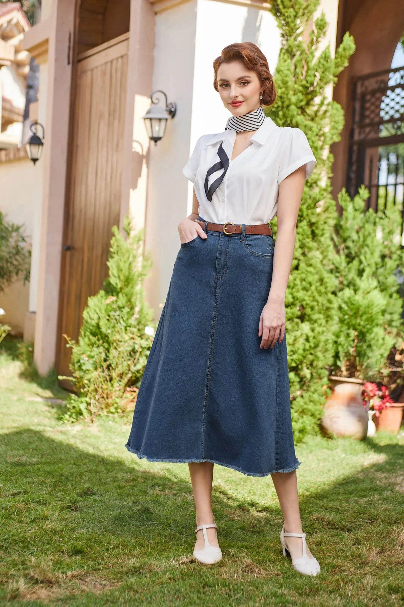 Multi-Pocket Jean Skirt Elastic High Waist Raw Hem Midi A-Line Skirt