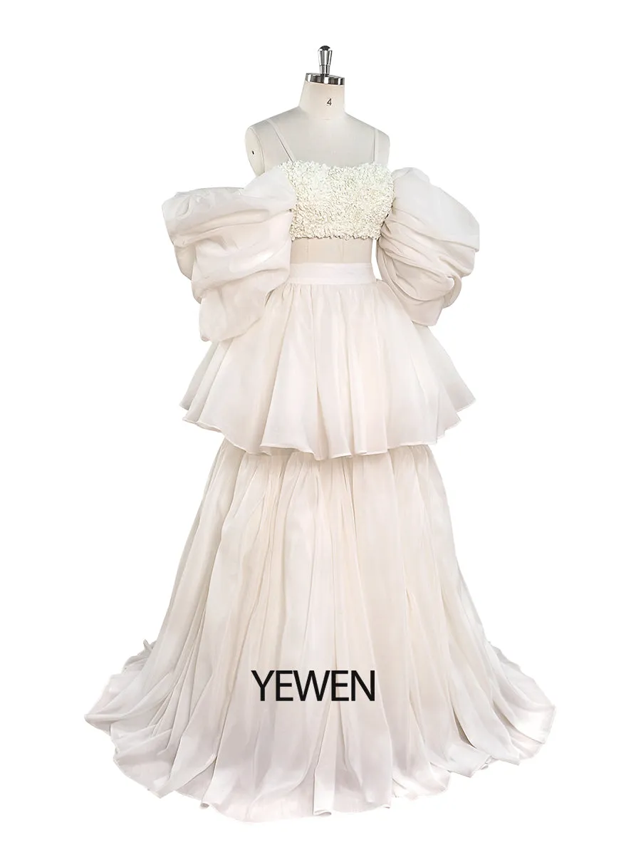 New Design Elegant Flower Top and Long Layered Princess Silk Organza Skirt 2 Piece Set Dress Woman Evening Party Dress YEWEN YW220925