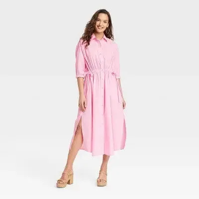 New - Universal Thread Women's Cinch Waist Midi Shirt Dress Cinched Waist