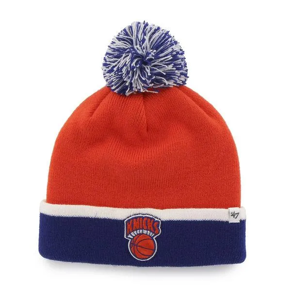 New York Knicks 47 Brand Orange Blue Baraka Retro 1964 Poofball Beanie Hat Cap