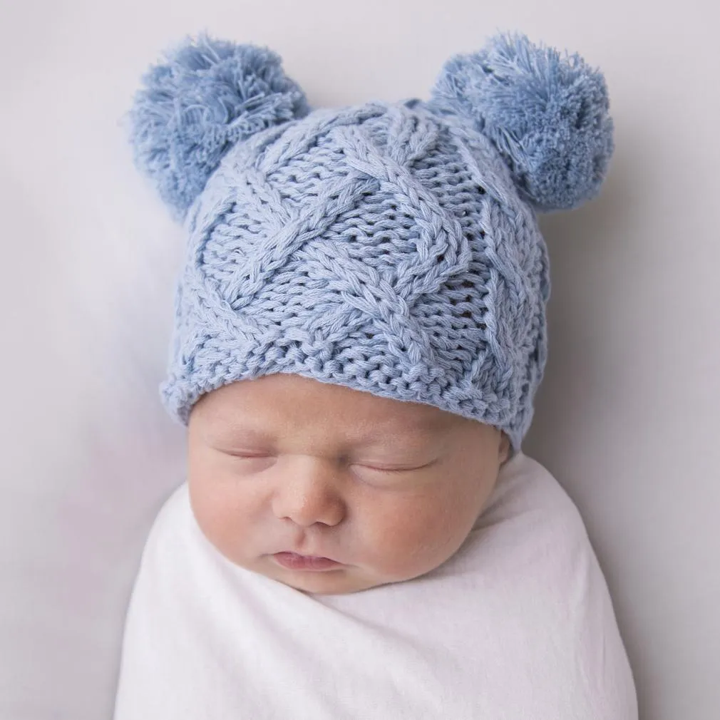 Newborn Aran Chambray Double Pom Pom Beanie Hat Infant