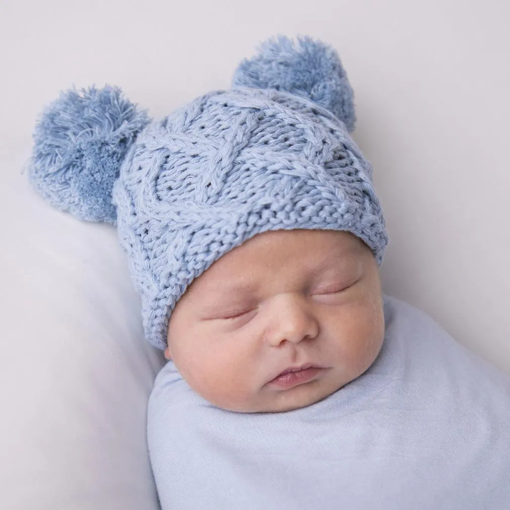 Newborn Aran Chambray Double Pom Pom Beanie Hat Infant