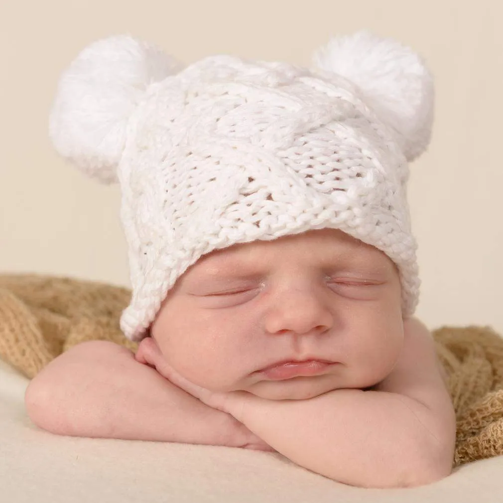 Newborn Aran White Double Pom Pom Beanie Hat